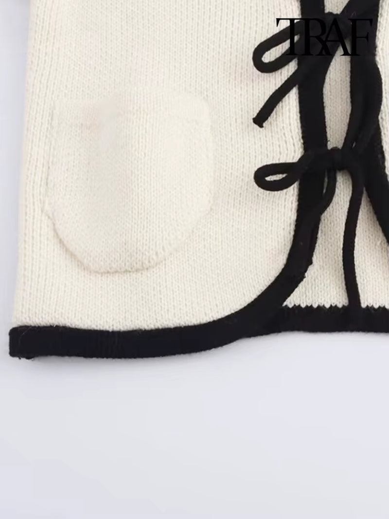 Womens Long Sleeve Knit Cardigan with Ties, Front Patch Pockets, New Female Outerwear