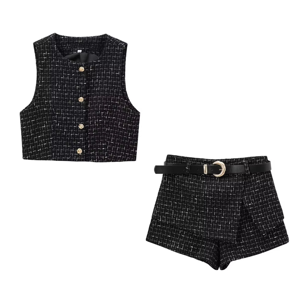 High Street Women Fashion with Gold Buttons Tweed Waistcoat and High Waist with Belt Shorts Skirts