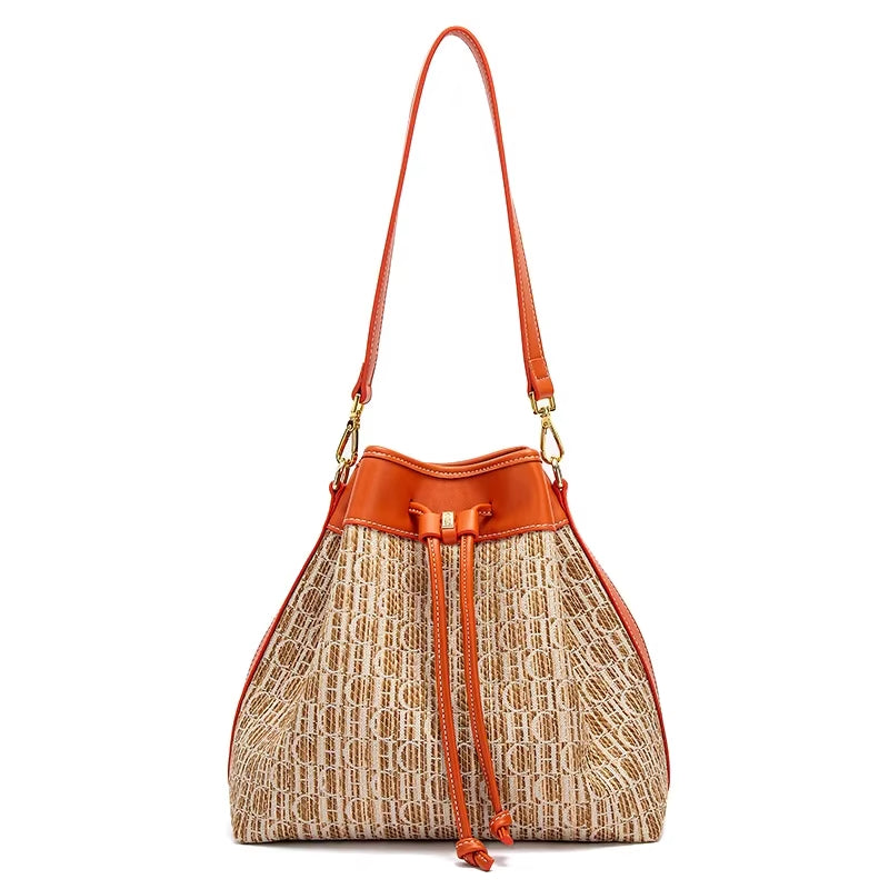Fusion Versatile Drawstring Opening Design Bucket Bag Simple Retro Classic Style Women Bag