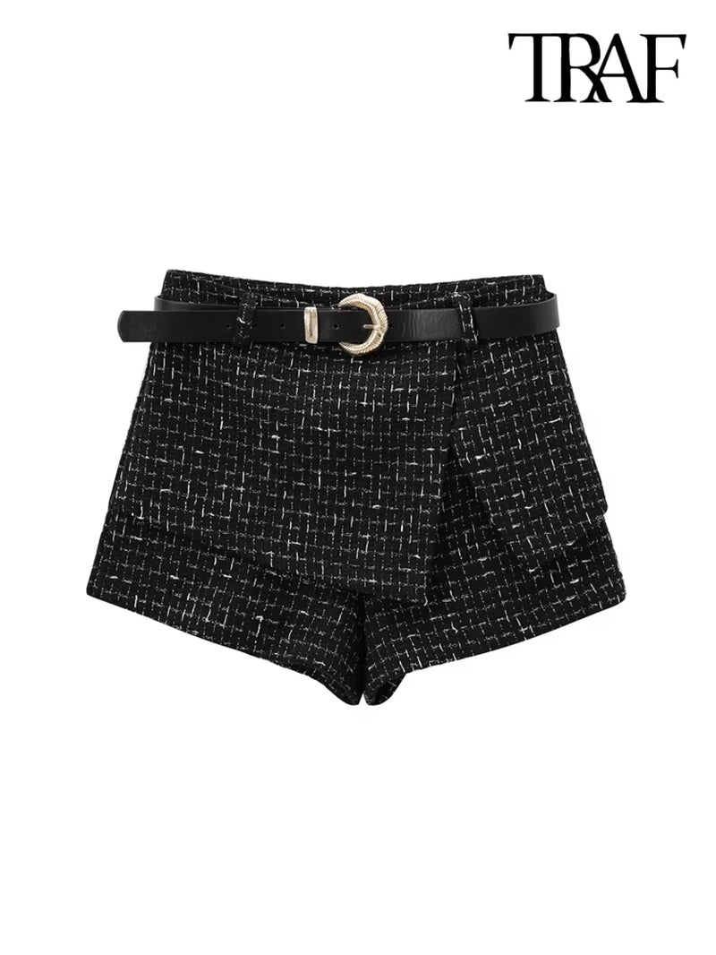 High Street Women Fashion with Gold Buttons Tweed Waistcoat and High Waist with Belt Shorts Skirts