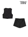 High Street Women Fashion with Gold Buttons Tweed Waistcoat and High Waist with Belt Shorts Skirts