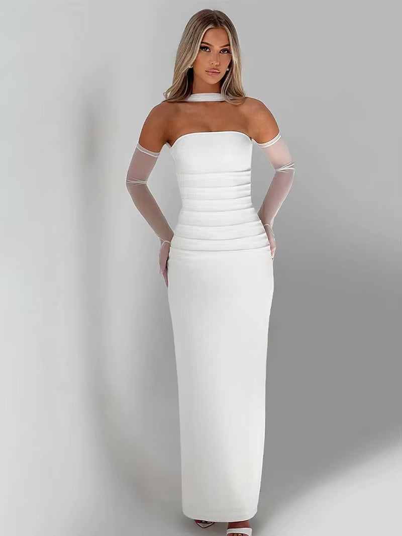 Women Party Club One Piece Wine Red Evening Dress 90S Vintage Sleeveless off Shoulder Long Dress