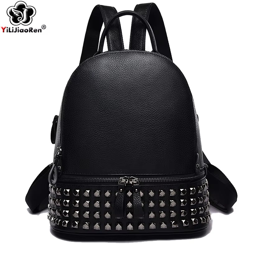 Fusion Rivet Women Backpack Brand Genuine Leather Large Capacity School Laptop Bag