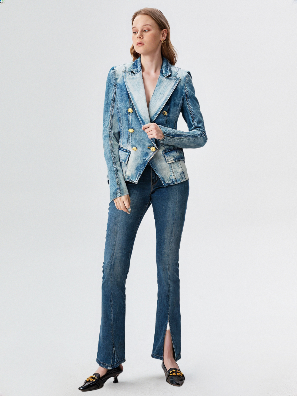 New Designed Women High Street Double Breasted Denim Blazer Wear