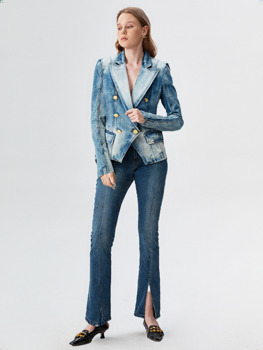 New Designed Women High Street Double Breasted Denim Blazer Wear