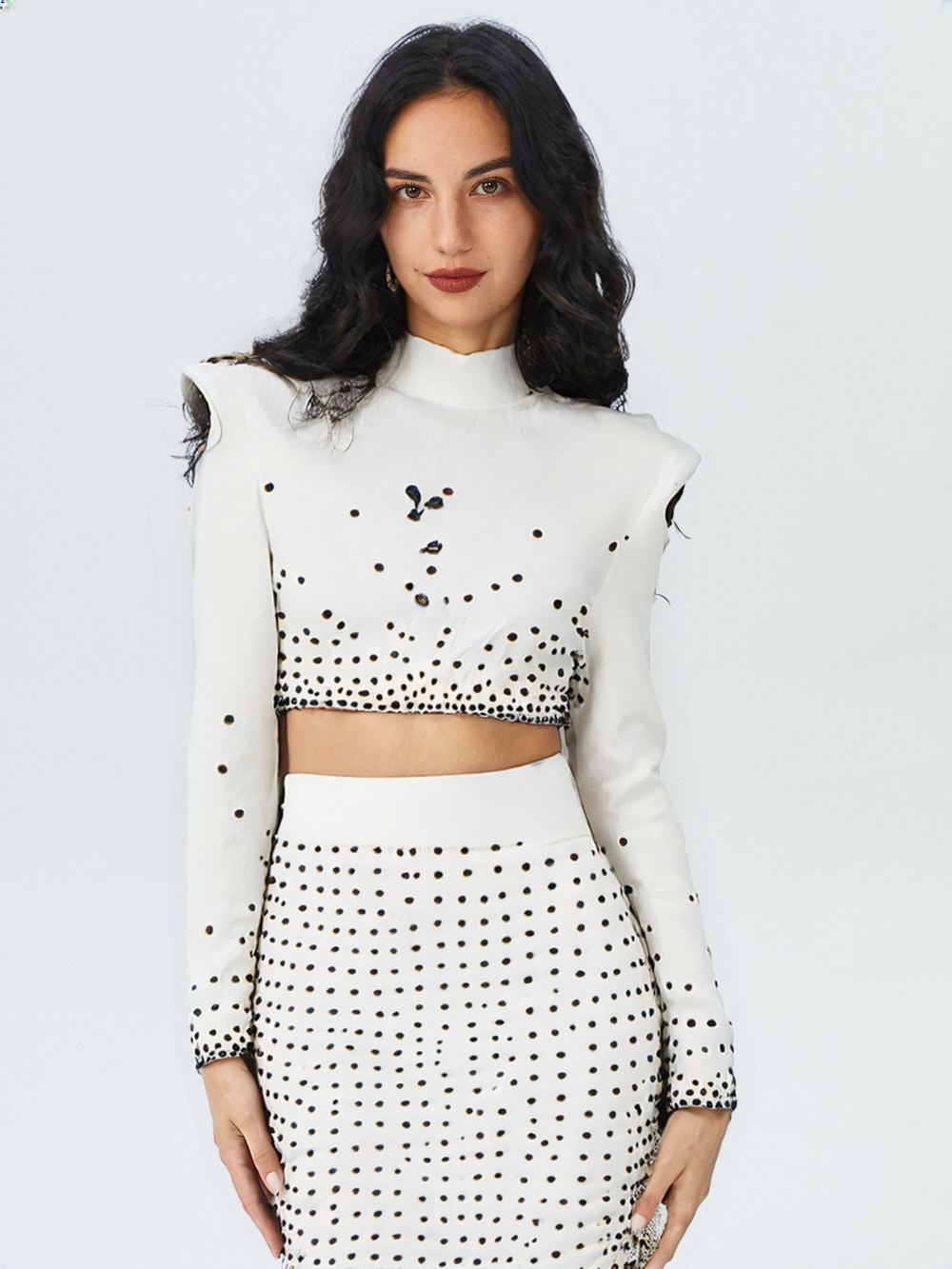 New Fusion Suit Set Womens Pearls Beaded Tops Long Skirt Set 2Pcs