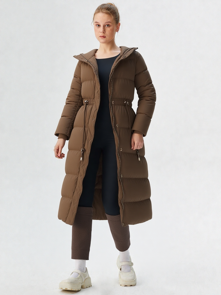 Women Winter Long down Jacket with Hood Drawstring