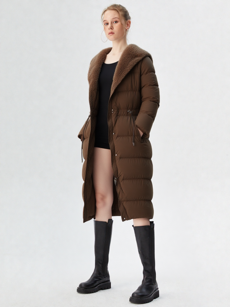 Women Winter Long down Jacket with Hood Drawstring