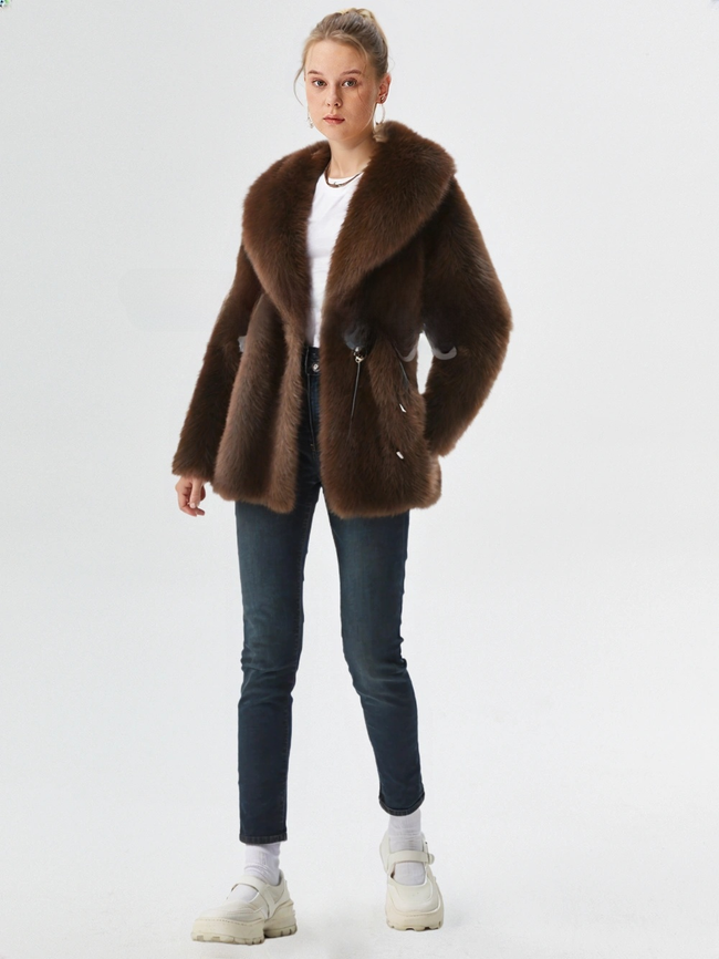 New Women Winter Hot Brown Belted Faux Fur Coat