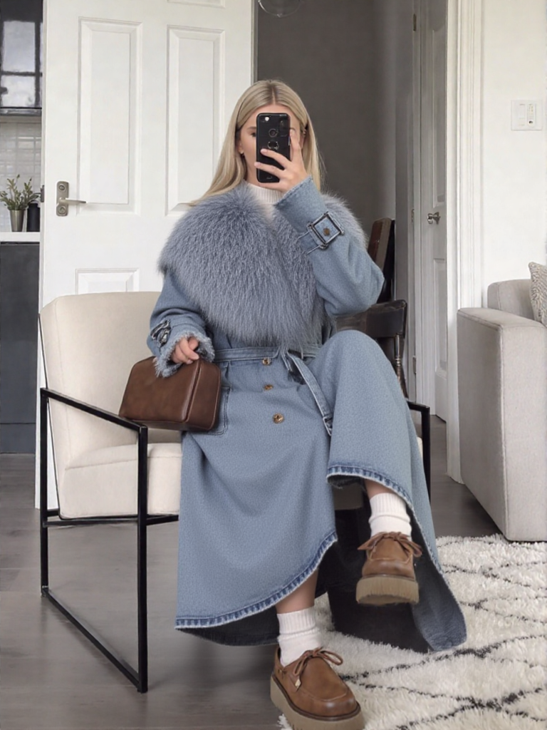 New Women Denim Winter Casual Fur Longcoat