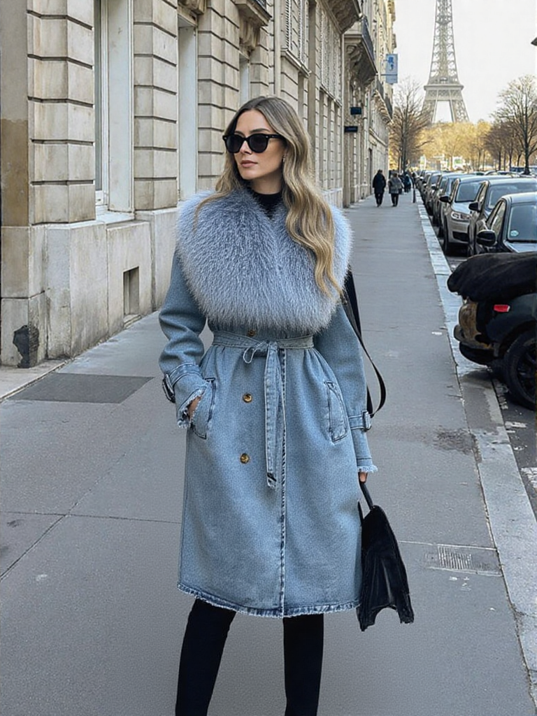 New Women Denim Winter Casual Fur Longcoat
