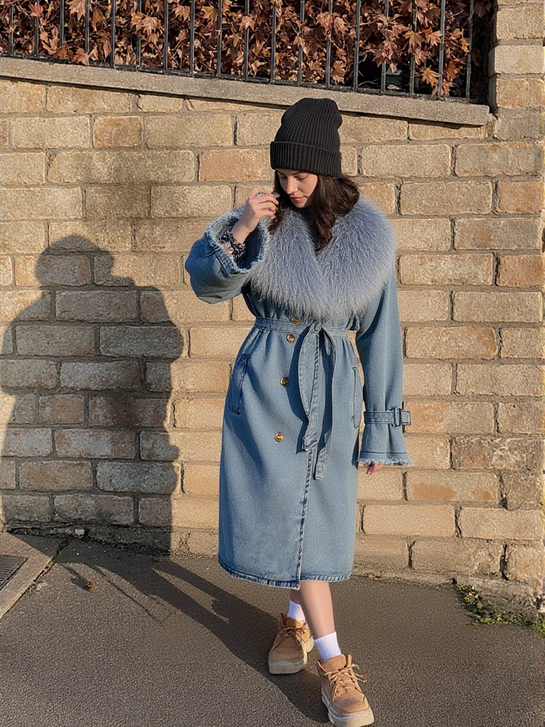 New Women Denim Winter Casual Fur Longcoat