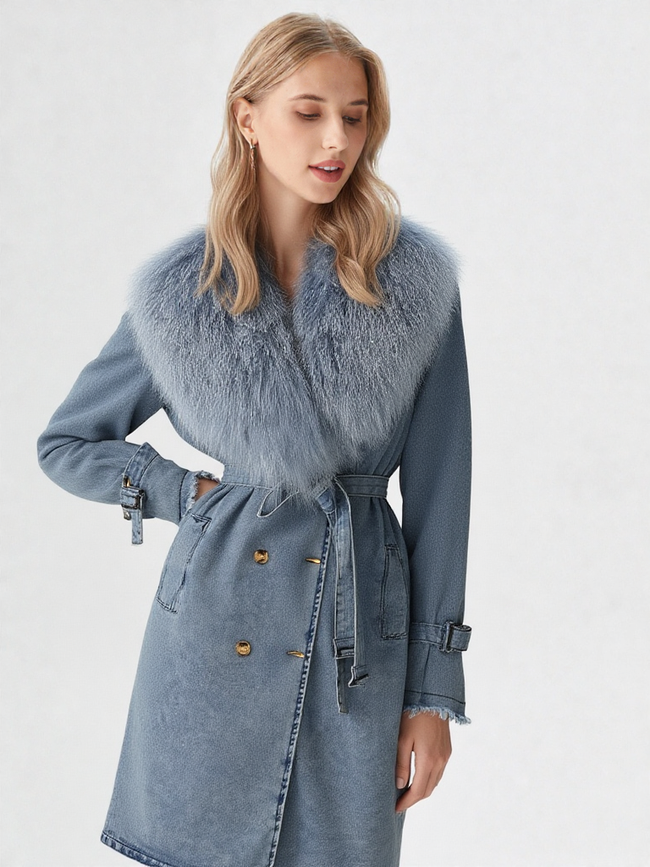 New Women Denim Winter Casual Fur Longcoat