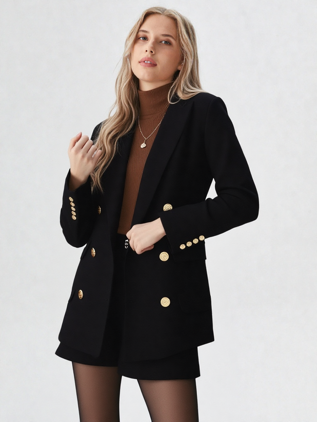 Women Black Double-Breasted Padded Cotton Stylish Blazer