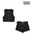 High Street Women Fashion with Gold Buttons Tweed Waistcoat and High Waist with Belt Shorts Skirts