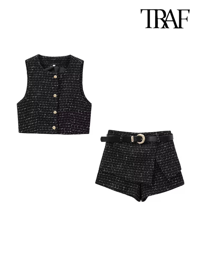 High Street Women Fashion with Gold Buttons Tweed Waistcoat and High Waist with Belt Shorts Skirts