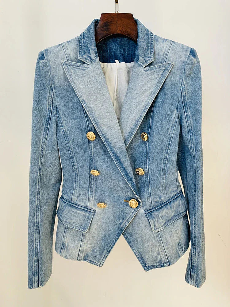 New Designed Women High Street Double Breasted Denim Blazer Wear