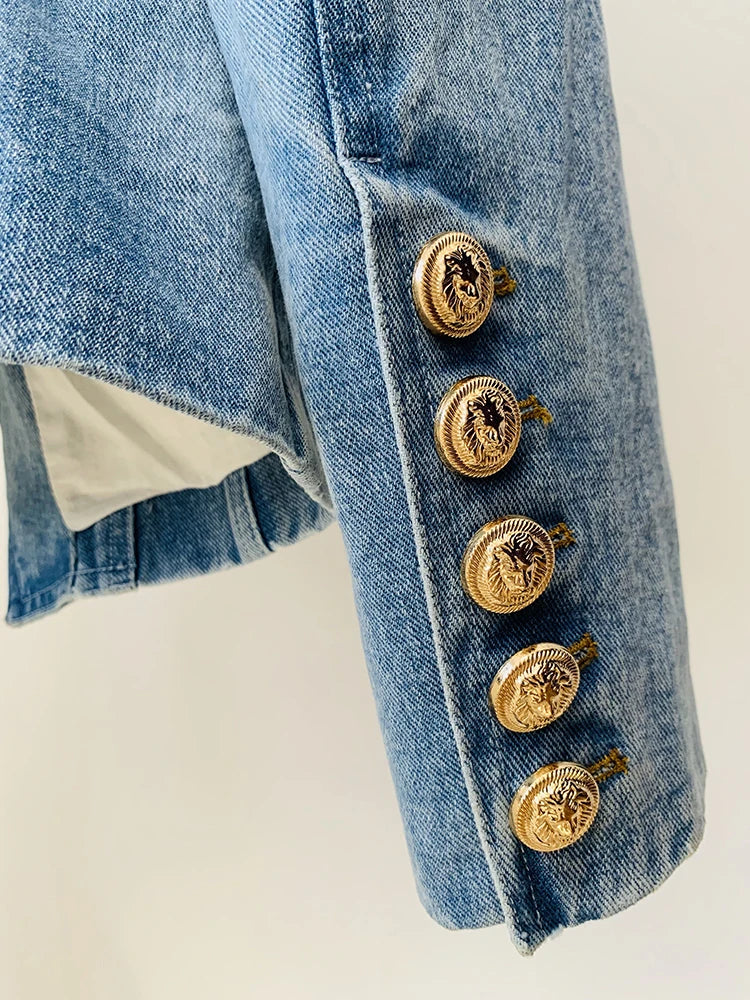 New Designed Women High Street Double Breasted Denim Blazer Wear