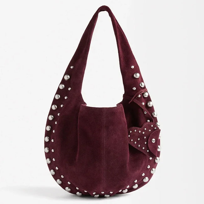 Stylish Designer Bag Women High Quality Soft Flannel Rivet Vintage Shoulder Bag with Pendant