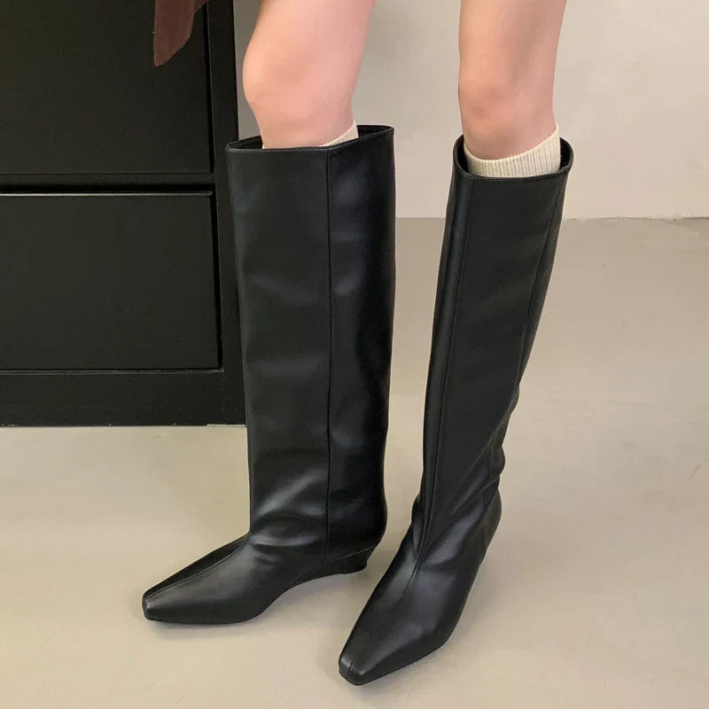 Autumn Winter Soft Leather Cosy Pointed Toe Knee-High Boots Woman Wedges Heels Ladies Shoes Botas Largas De Mujer