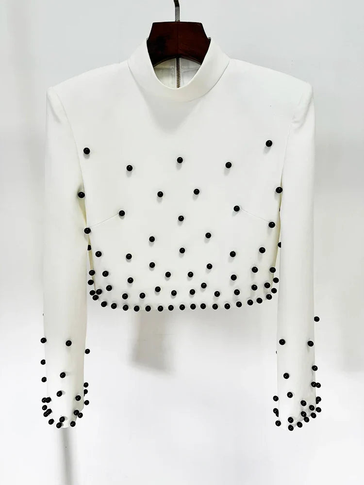 New Fusion Suit Set Womens Pearls Beaded Tops Long Skirt Set 2Pcs