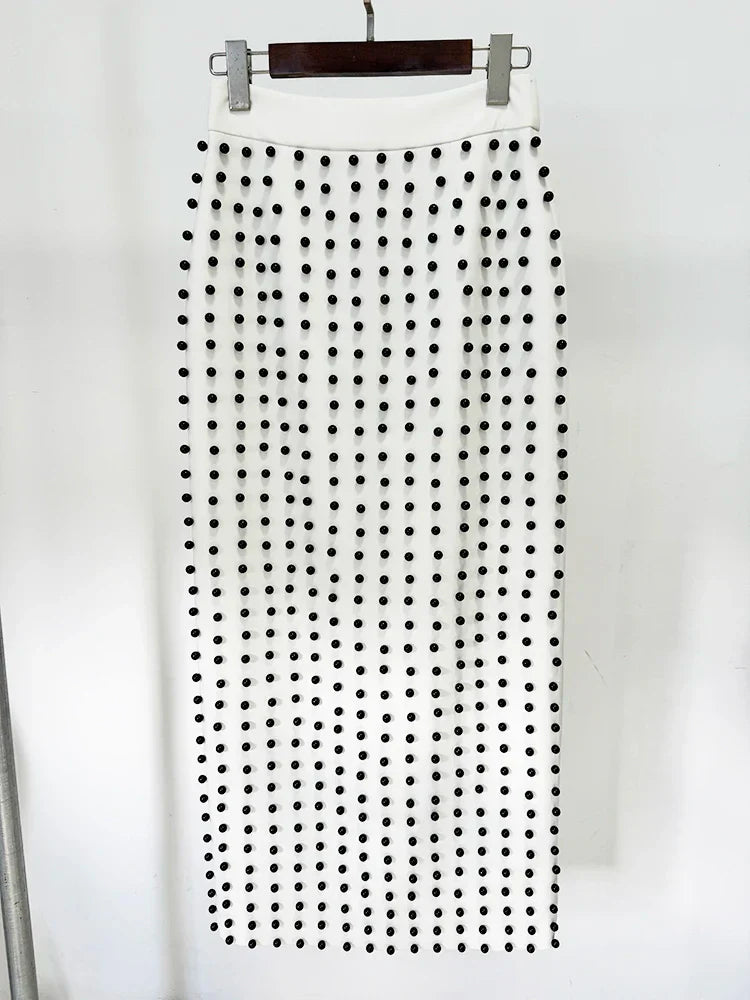 New Fusion Suit Set Womens Pearls Beaded Tops Long Skirt Set 2Pcs