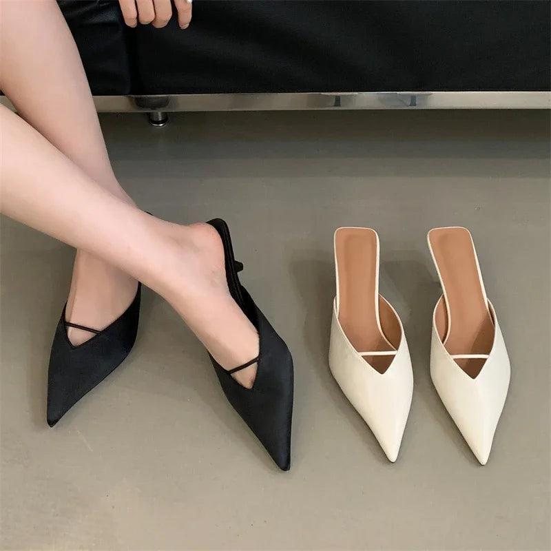 Newe Spring Elegant Pointed Toe Slippers Women Thin Low Heels Mule Shoes Fashion