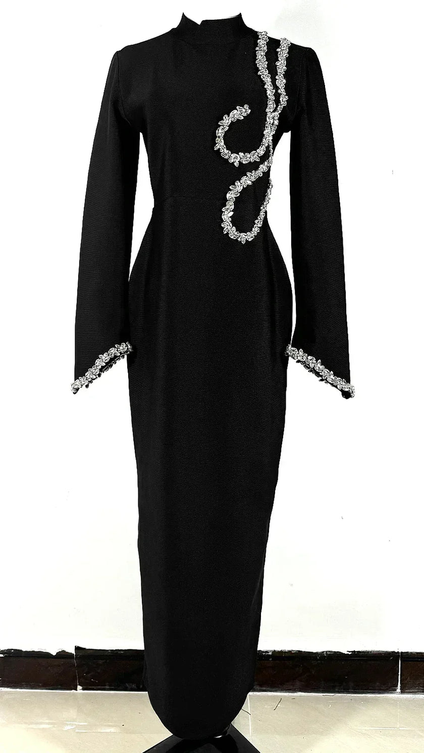 New Arrival Black and Slim Beaded Long Sleeve Bandage Dress Long Dress Maxi Dresses for Women