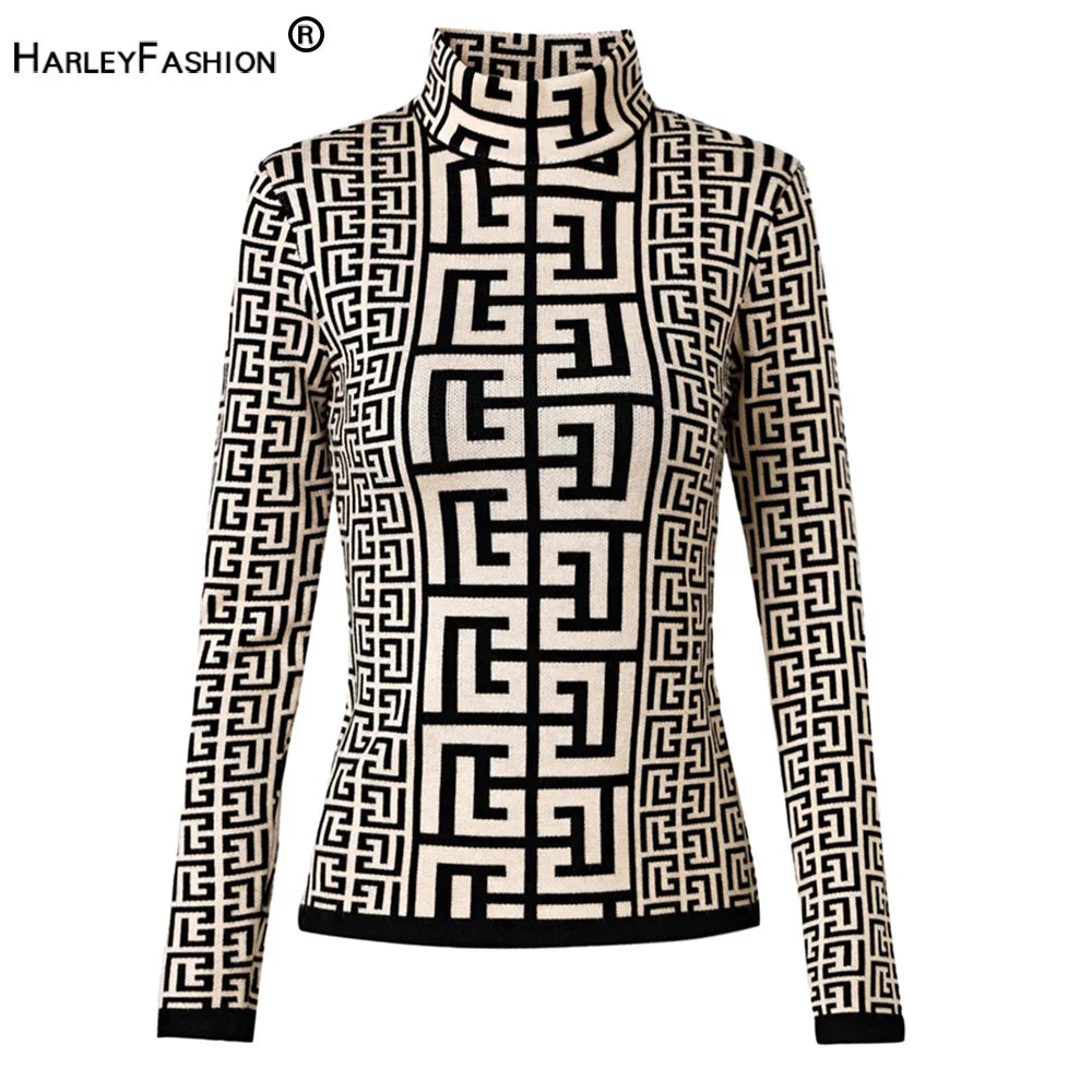 Modern Women Autumn Winter Premium Quality High Neck Black White Knitting Pullovers Sweater