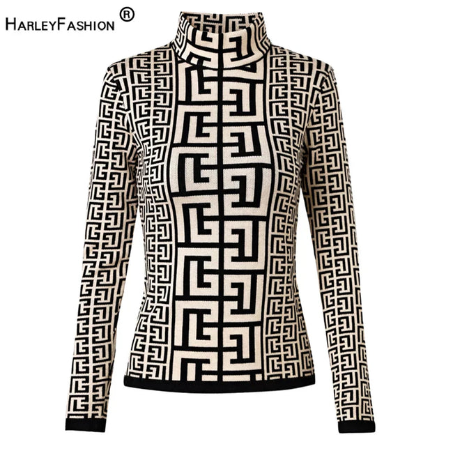 Modern Women Autumn Winter Premium Quality High Neck Black White Knitting Pullovers Sweater
