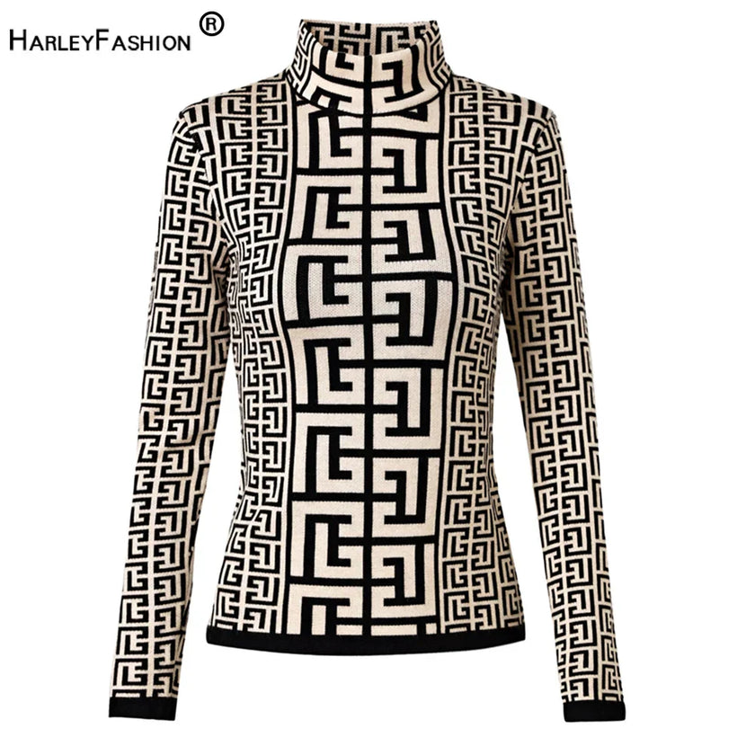 Modern Women Autumn Winter Premium Quality High Neck Black White Knitting Pullovers Sweater