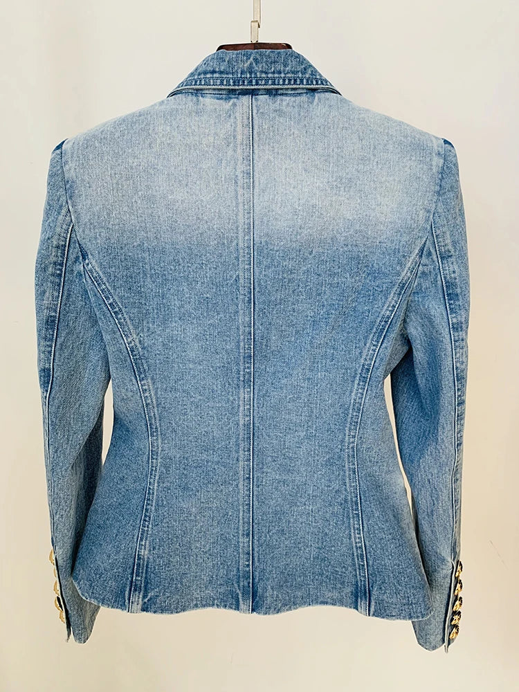 New Designed Women High Street Double Breasted Denim Blazer Wear
