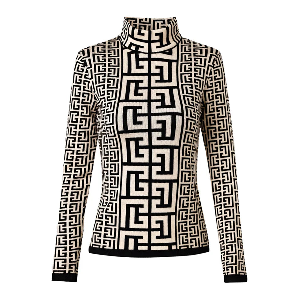 Modern Women Autumn Winter Premium Quality High Neck Black White Knitting Pullovers Sweater
