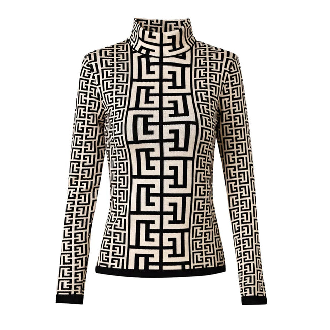 Modern Women Autumn Winter Premium Quality High Neck Black White Knitting Pullovers Sweater