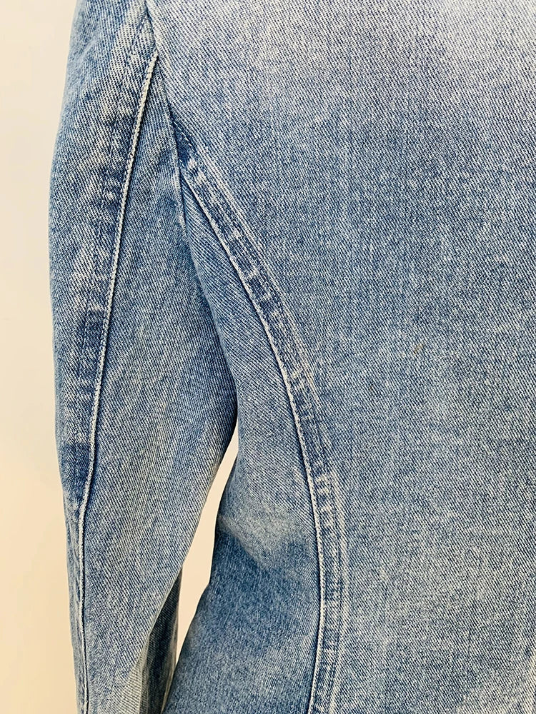 New Designed Women High Street Double Breasted Denim Blazer Wear