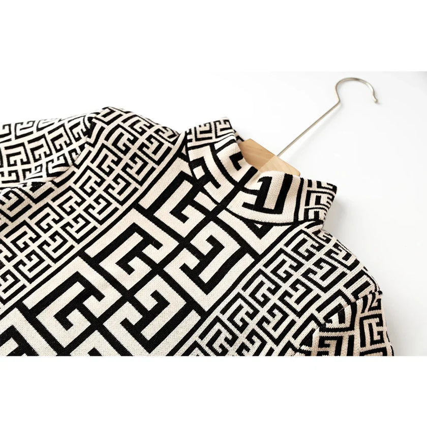 Modern Women Autumn Winter Premium Quality High Neck Black White Knitting Pullovers Sweater