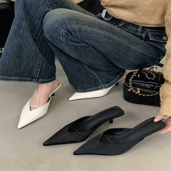 Newe Spring Elegant Pointed Toe Slippers Women Thin Low Heels Mule Shoes Fashion