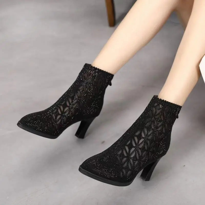 New Rubber Soled Women Dance Boots 6 Cm High Heel Black Shoes Breathable Pointed Mesh Top