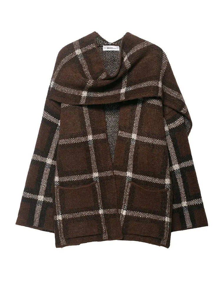 New Women Plaid Knit Scarf Cardigan Coat Jacket Blazer