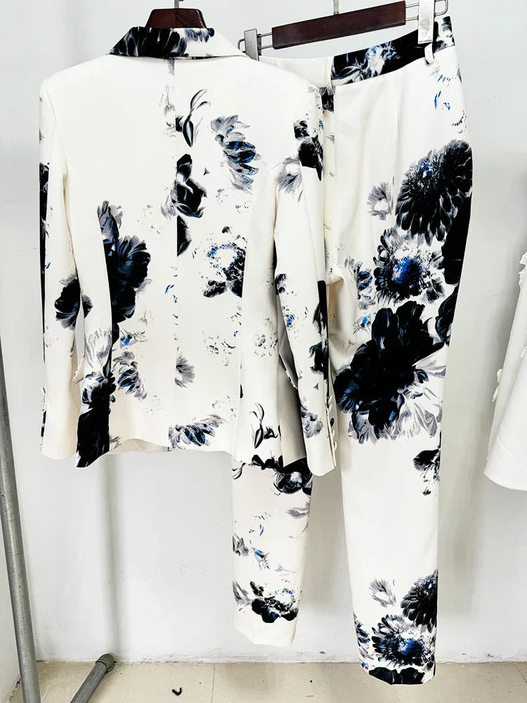 Modern Fusion Designer Women Suit Jacket Pencil Pants Set 2Pcs