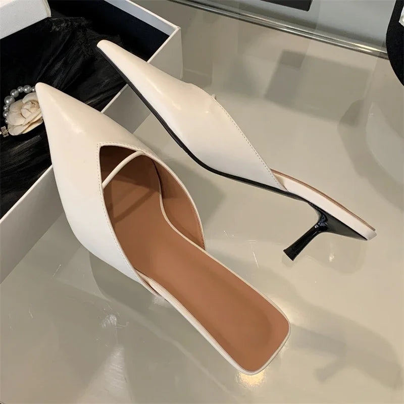 Newe Spring Elegant Pointed Toe Slippers Women Thin Low Heels Mule Shoes Fashion