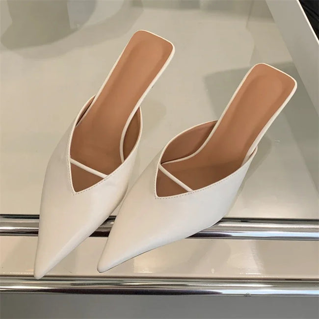 Newe Spring Elegant Pointed Toe Slippers Women Thin Low Heels Mule Shoes Fashion