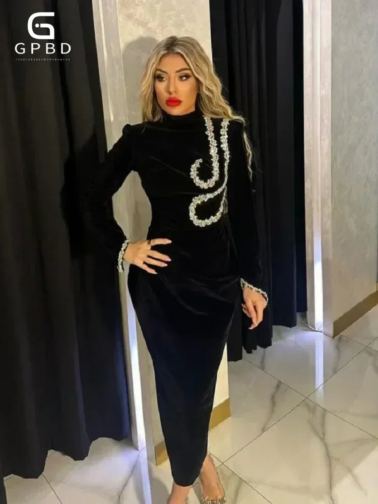 New Arrival Black and Slim Beaded Long Sleeve Bandage Dress Long Dress Maxi Dresses for Women