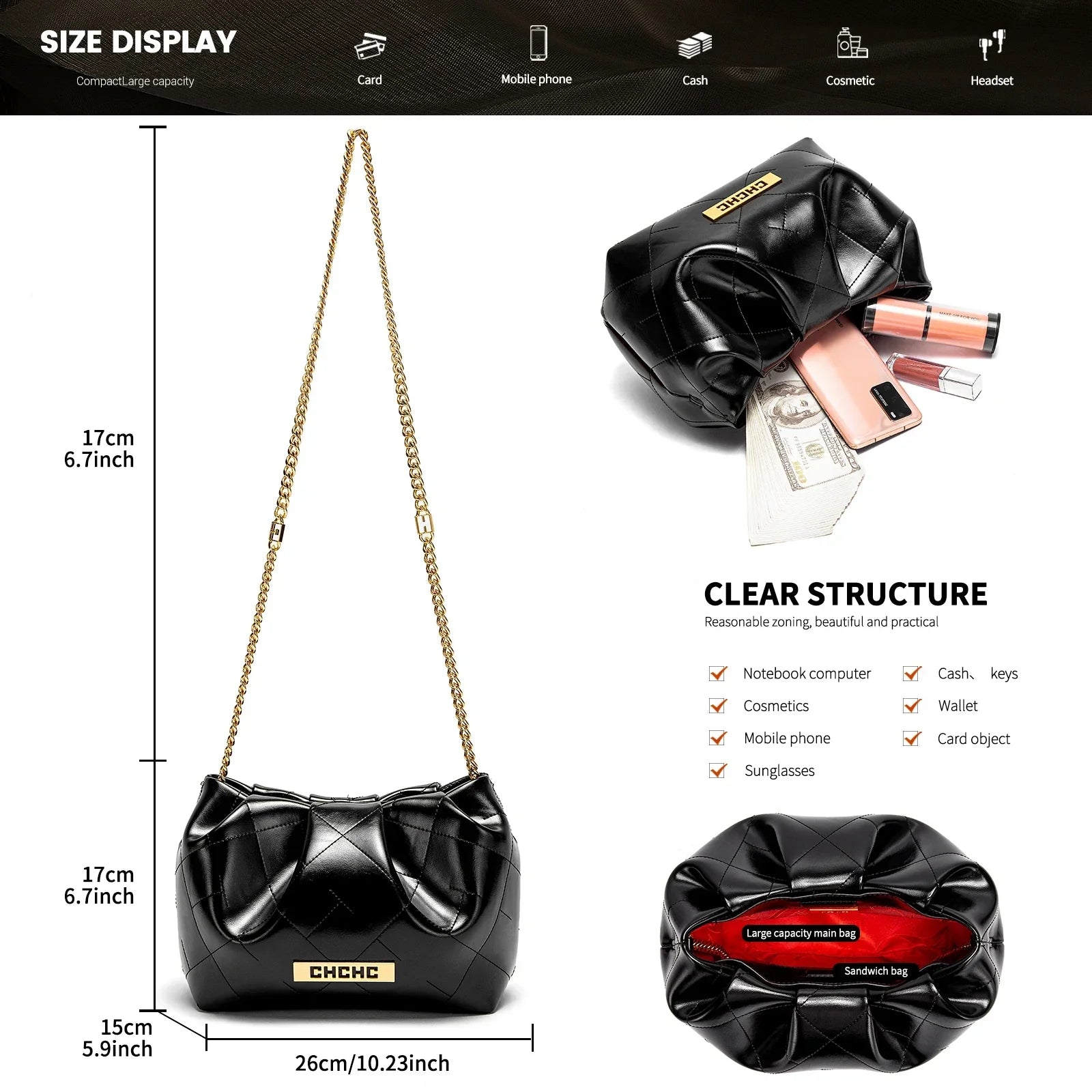 Italian Women Crossbody Bag Classic Diamond Grid Magnetic Cloud Bag Black Women Chain Bag