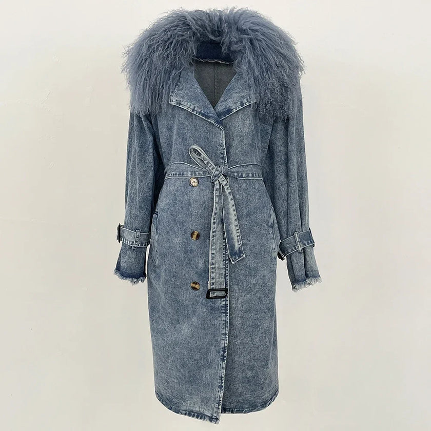 New Women Denim Winter Casual Fur Longcoat