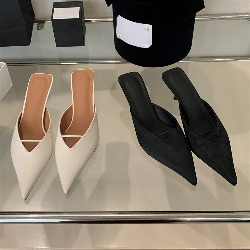 Newe Spring Elegant Pointed Toe Slippers Women Thin Low Heels Mule Shoes Fashion