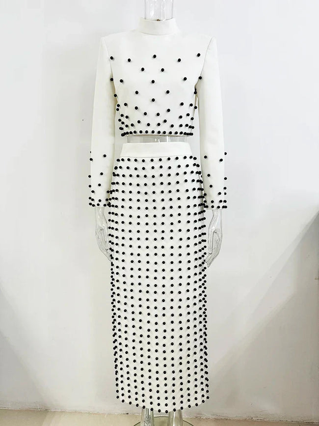 New Fusion Suit Set Womens Pearls Beaded Tops Long Skirt Set 2Pcs