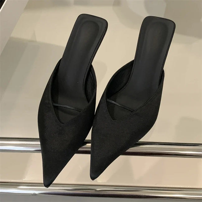 Newe Spring Elegant Pointed Toe Slippers Women Thin Low Heels Mule Shoes Fashion
