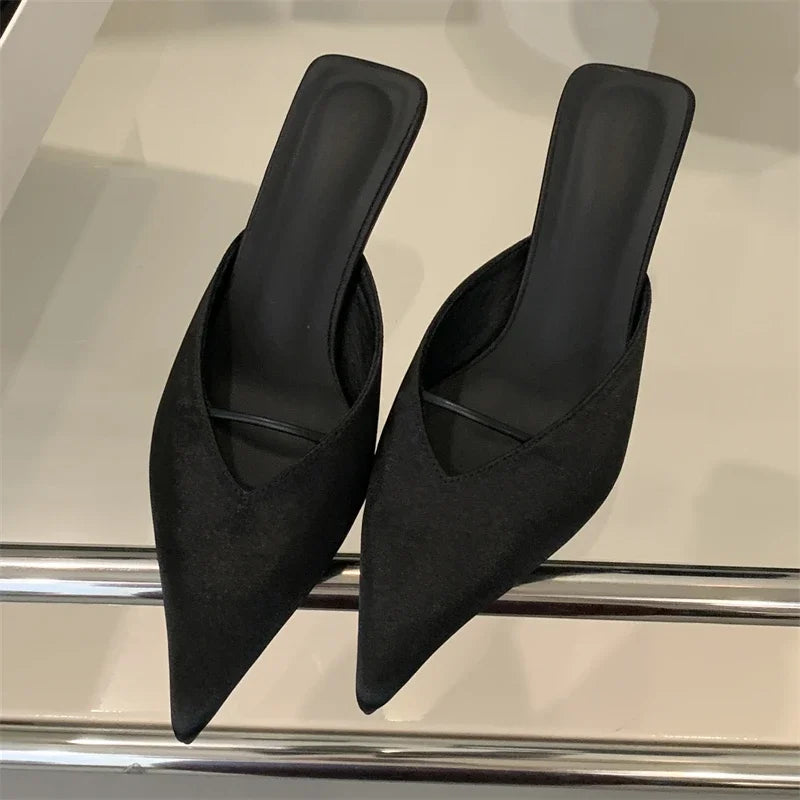 Newe Spring Elegant Pointed Toe Slippers Women Thin Low Heels Mule Shoes Fashion
