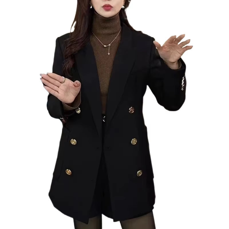 Women Black Double-Breasted Padded Cotton Stylish Blazer